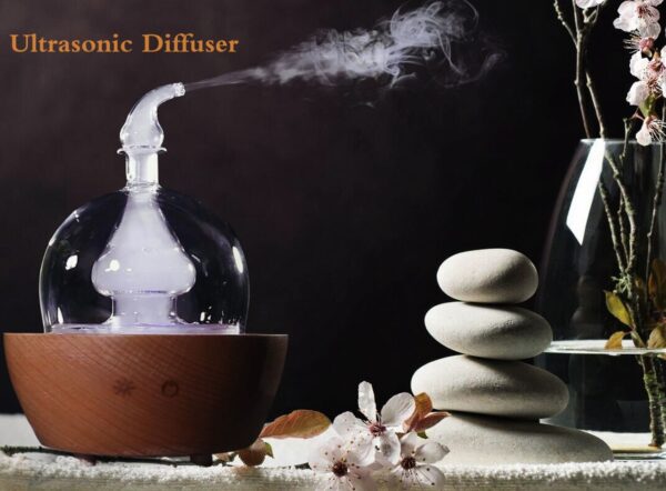 EcoGecko Aroma Essential Oil Diffuser made from Wood and Hand Blown Glass for Aromatherapy Nebulizer Pure Essential Oils with Touch Button Timer and 7 Color LED lights - Image 6