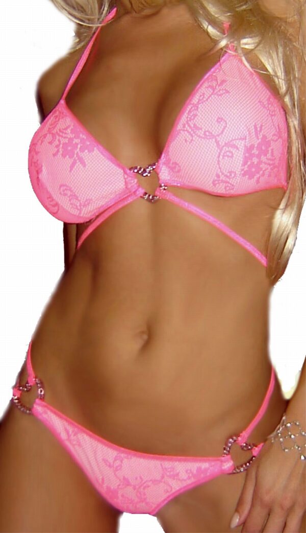 Flirtzy Spicyspot Lace Full Back Lined Monokini Bikini Set Swimsuit with Rhinestone Heart Accents, Strappy Bikini Set, Wear as Bikini or Lingerie