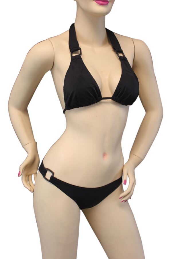 Flirtzy Brand Sexy Halter Triangle Top Brazilian Back Bikini With Square Accents - Swimwear, Swimsuit, Beach Gear, Pool Attire --Black