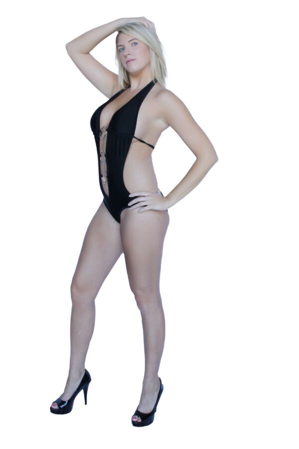 Flirtzy Sexy Deep V Neck Brazilian Back Bottom Halter Top Monokini with 3 Silver Rings. Lightly Padded Top, Pads Removeable, Ties at Neck and Back - Image 5