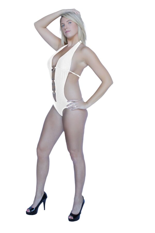 Flirtzy Sexy Deep V Neck Brazilian Back Bottom Halter Top Monokini with 3 Silver Rings. Lightly Padded Top, Pads Removeable, Ties at Neck and Back - Image 6