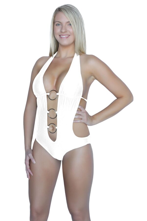 Flirtzy Sexy Deep V Neck Brazilian Back Bottom Halter Top Monokini with 3 Silver Rings. Lightly Padded Top, Pads Removeable, Ties at Neck and Back - Image 8