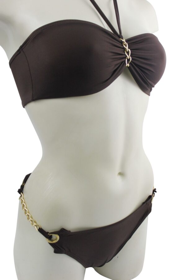 Flirtzy Sexy Brazilian Back Halter Bandeau Top Bikini Swimwear Brown - Image 3