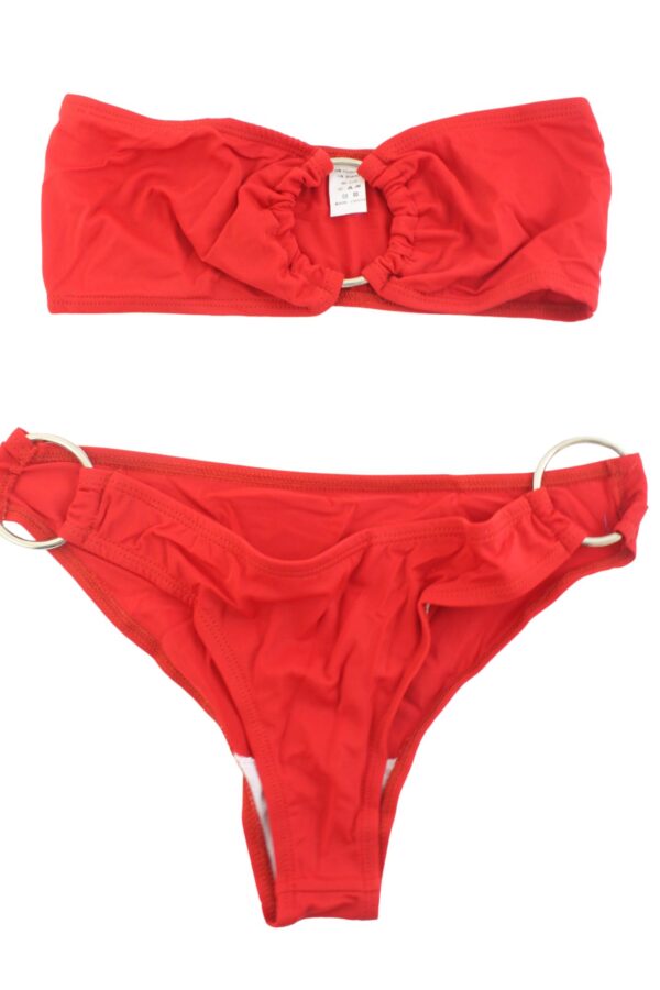 Flirtzy Swimear Bikini Set Sexy Strapless Bandeau Tube Top Bottoms Coverage with Cheek Peak - Red with Silver Cirlce Accents