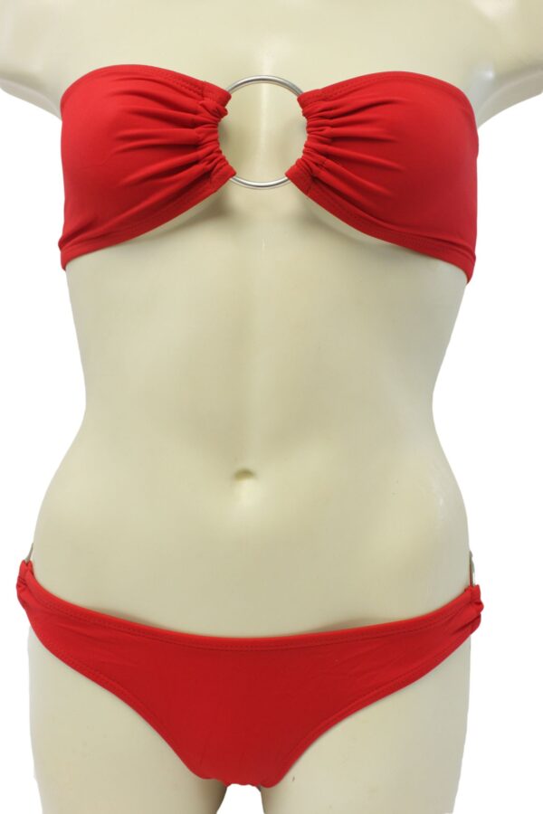 Flirtzy Swimear Bikini Set Sexy Strapless Bandeau Tube Top Bottoms Coverage with Cheek Peak - Red with Silver Cirlce Accents - Image 3