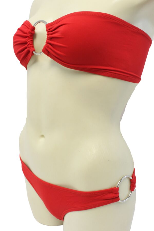 Flirtzy Swimear Bikini Set Sexy Strapless Bandeau Tube Top Bottoms Coverage with Cheek Peak - Red with Silver Cirlce Accents - Image 4