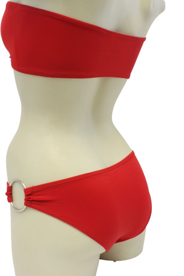 Flirtzy Swimear Bikini Set Sexy Strapless Bandeau Tube Top Bottoms Coverage with Cheek Peak - Red with Silver Cirlce Accents - Image 2