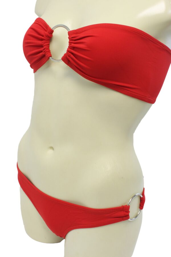 Flirtzy Swimear Bikini Set Sexy Strapless Bandeau Tube Top Bottoms Coverage with Cheek Peak - Red with Silver Cirlce Accents - Image 5