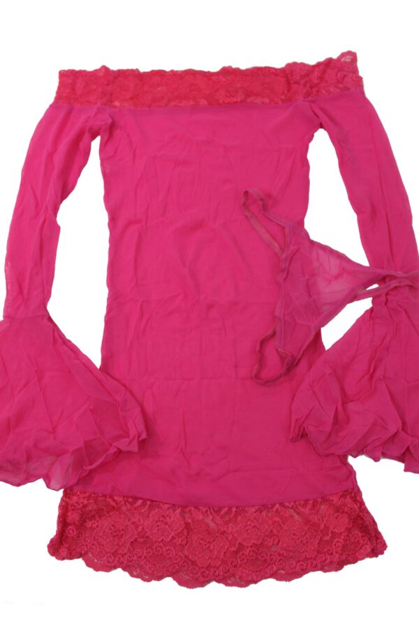 Flirtzy 2 PC Sexy Sheer Mesh Bell Sleeve Mini Dress and Thong with Lace Trim - Image 2