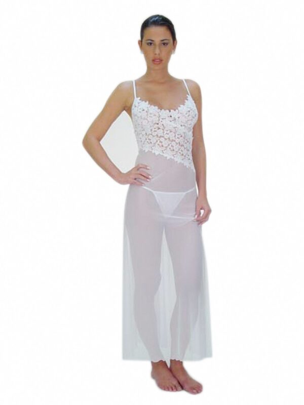 Flirtzy SpicySpot Sheer Fabric Gown with Angle-Cut Lace Bodice and Matching Thong