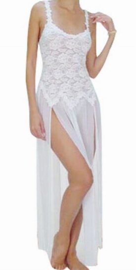 Flirtzy Soft Lace Sheer Fabric Gown Babydoll Chemise Lingerie Nightgown, Sleepwear with To-The-Waist Bodice and Matching Thong, Wedding, Anniversary