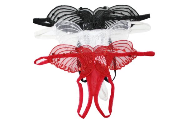 Flirtzy Women Sheer Butterfly Applique Crotchless Panties with Pearl and Sequin Details, 3 Pack (Black, Red, White)