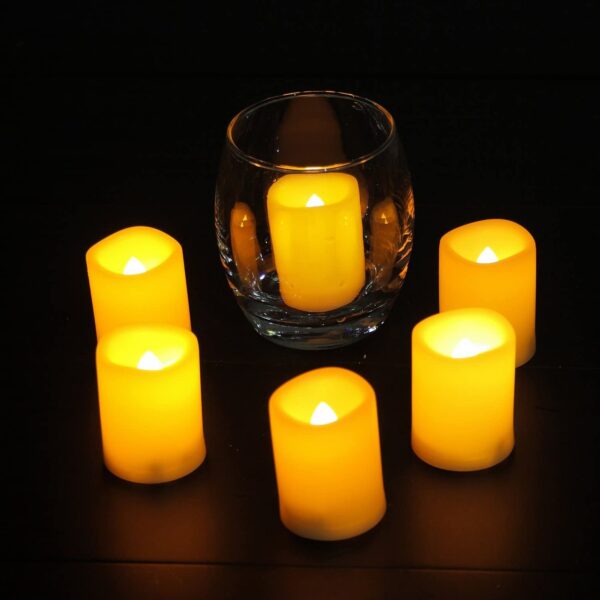 EcoGecko Set of 6 Indoor/Outdoor Votive Flameless Realistic LED Battery Operated Candles with Timer, 400 hour Battery Life, Batteries Included - Image 3