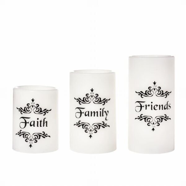EcoGecko Set of 3  4", 5", 6" Real Wax Flameless LED Candles with Faith Family Friends Decal Battery Operated Inspirational Home Decor with 5 Hour Timer, Super Long Battery Life