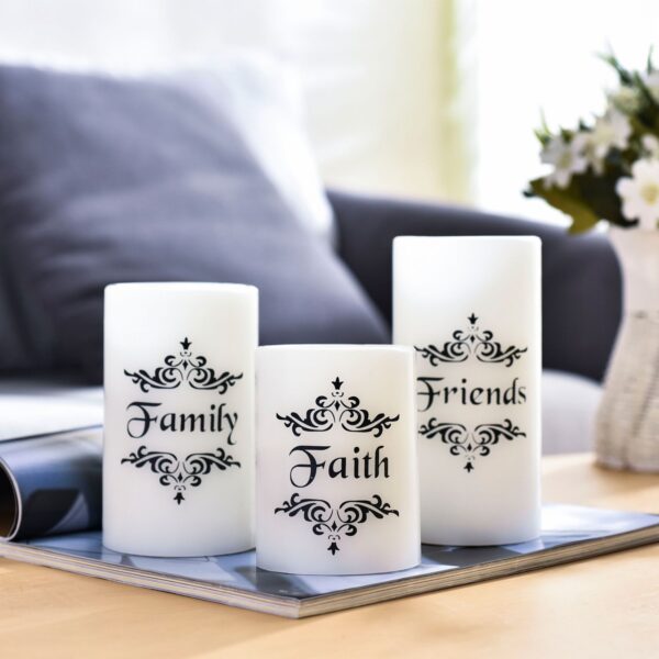 EcoGecko Set of 3  4", 5", 6" Real Wax Flameless LED Candles with Faith Family Friends Decal Battery Operated Inspirational Home Decor with 5 Hour Timer, Super Long Battery Life - Image 4