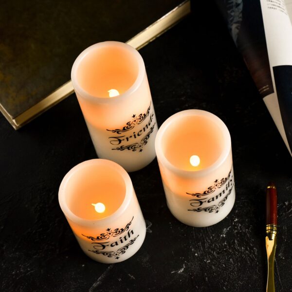 EcoGecko Set of 3  4", 5", 6" Real Wax Flameless LED Candles with Faith Family Friends Decal Battery Operated Inspirational Home Decor with 5 Hour Timer, Super Long Battery Life - Image 7