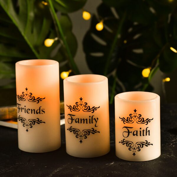 EcoGecko Set of 3  4", 5", 6" Real Wax Flameless LED Candles with Faith Family Friends Decal Battery Operated Inspirational Home Decor with 5 Hour Timer, Super Long Battery Life - Image 3