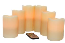 EcoGecko Set of 6 Wax Multi-Color Flameless LED Pillar Candles with Remote & Timer, Ivory