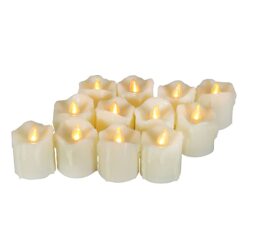 EcoGecko 12 Piece Flameless LED Battery Votive Candles with Timer Realistic Flickering Battery Operated Votive Candles Size-1.5"(D) x2(H) with Drips Long Lasting Batteries Included 12-Pack