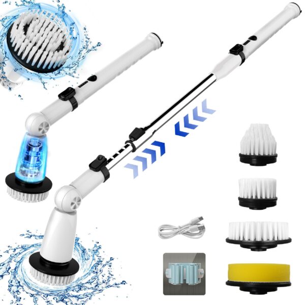 EcoGecko Electric Spin Scrubber, Bathroom Cleaner, Power Shower Cleaning Brush with Extendable Handle & 4 Brush Heads, Dual Speed & USB-C Charging, Shower Scrubber for Bathtub, Tile, and Floor
