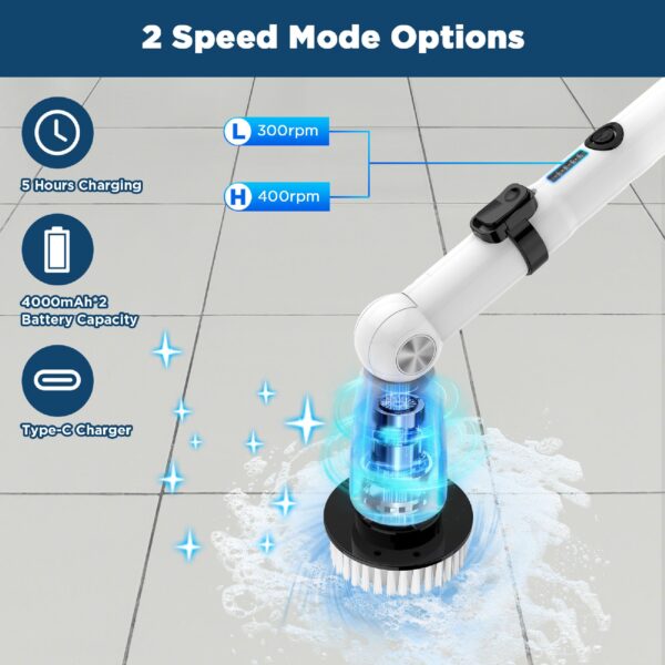 EcoGecko Electric Spin Scrubber, Bathroom Cleaner, Power Shower Cleaning Brush with Extendable Handle & 4 Brush Heads, Dual Speed & USB-C Charging, Shower Scrubber for Bathtub, Tile, and Floor - Image 5