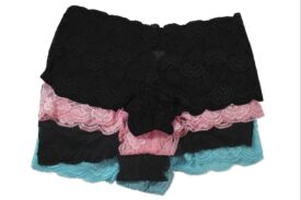 Flirtzy Stretchy Floral Lace Tanga Panty Boy Shorts Underwear, S/M, 4 Pack, Baby Blue, Black, Pink