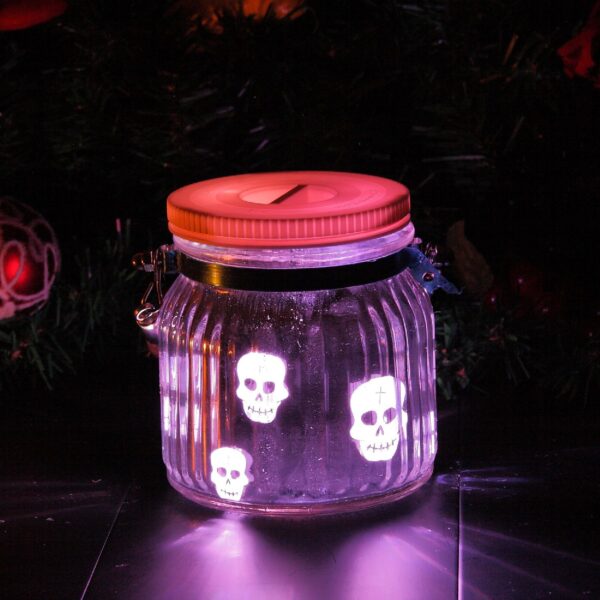 Candle Choice Mason Jar Light Indoor Outdoor Jar Lantern Light Battery Operated Lantern with Remote and Timer Halloween Light, Skull, multi-color
