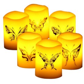 Candle Choice 6 PCS Real Wax Flameless Candles with Timer, Pillar Candles, Flameless Votives with Timer, Battery Operated LED Candles, Long Battery Life 400+ Hours, with Butterfly Decal, 2"x2.4"