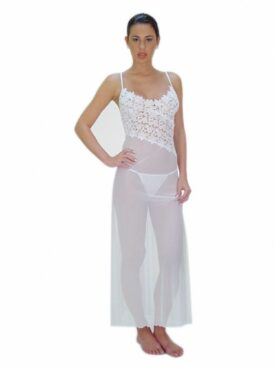 Flirtzy Women’s Sheer Gown with Angle-Cut Lace Bodice and Matching Thong